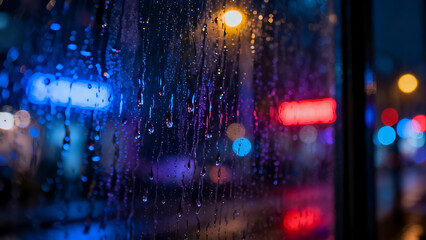 Obraz premium Raindrops on Glass with City Lights Reflections at Night