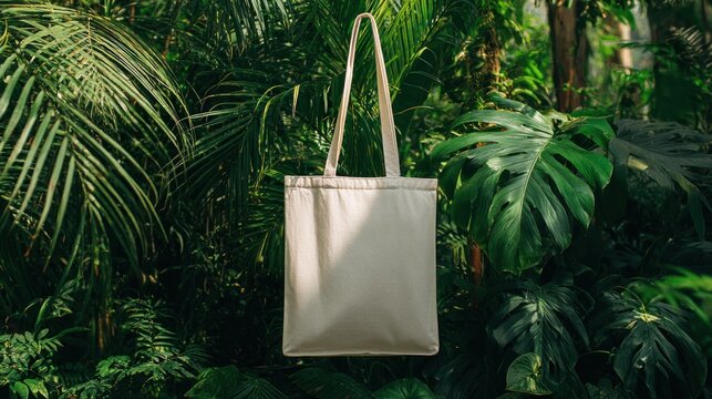 A blank, cream-colored tote bag is suspended against a backdrop of vibrant green tropical foliage, creating a natural and eco-friendly aesthetic
