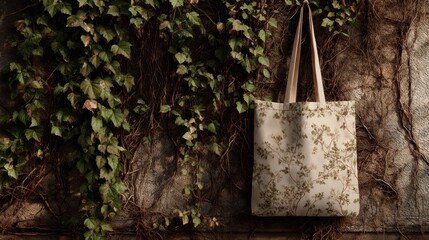 A canvas tote bag with a floral print hangs against a weathered, ivy-covered stone wall. The bag's light color contrasts the dark background