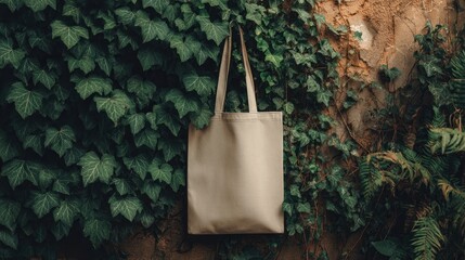 A neutral-colored tote bag hangs suspended against a backdrop of vibrant green ivy and textured, weathered wall, showcasing an eco-friendly aesthetic