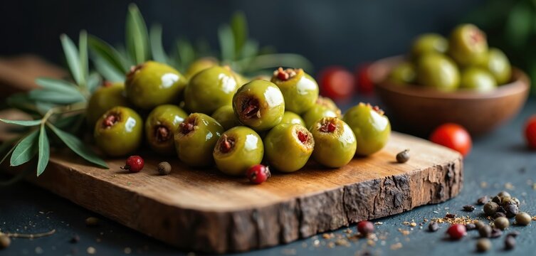 Stuffed green olives on a wooden board with olive branches and spices. Olives are pitted and filled with red pepper. Wooden bowl with olives and red tomatoes in the background. - Powered by Adobe