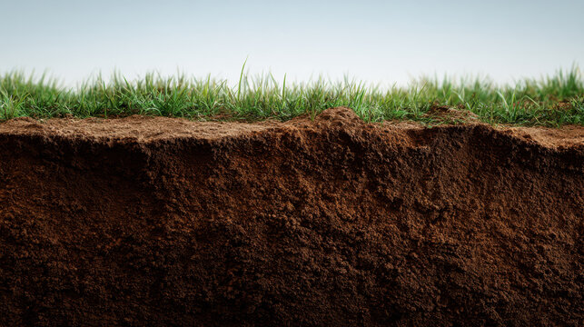 Fresh green grass above rich brown soil showing cutaway cross section of earth with textured dirt layers and natural outdoor lighting evoking calm and grounding