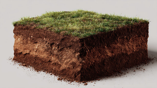 Grass soil block with top layer of green grass and visible brown soil strata creating natural earthy texture and layered cross section, organic outdoor landscaping element with fine dirt particles