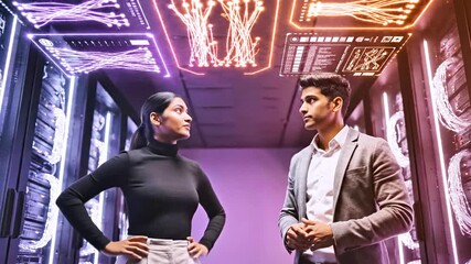 A man and woman interact with futuristic digital data displays within a server room - Powered by Adobe