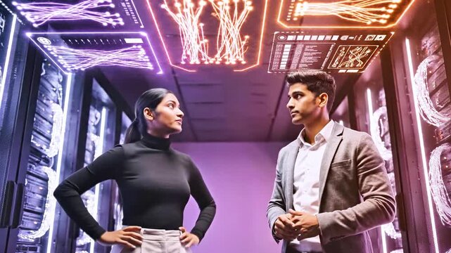 A man and woman interact with futuristic digital data displays within a server room - Powered by Adobe