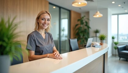Smiling receptionist in uniform stands behind a modern reception desk in a clean office. She looks friendly and welcoming to visitors or patients arriving.