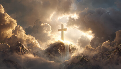 Golden illuminated cross on clouded mountain peak with cascading waterfall and radiant sunrise glow evoking awe and serenity