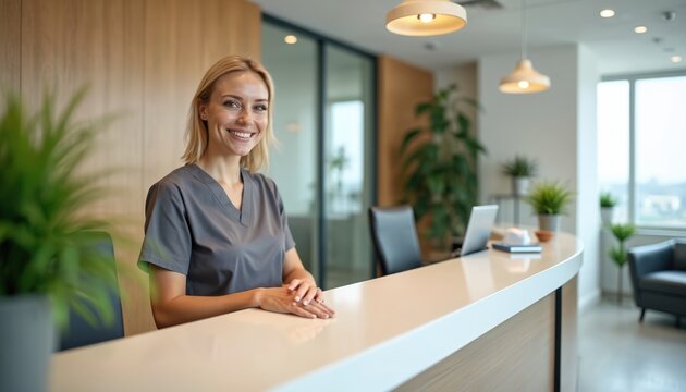 Smiling receptionist in uniform stands behind a modern reception desk in a clean office. She looks friendly and welcoming to visitors or patients arriving.