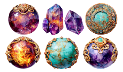 Ancient Fiery Tokens and Crystals in 3D Illustration with Intricate Carvings