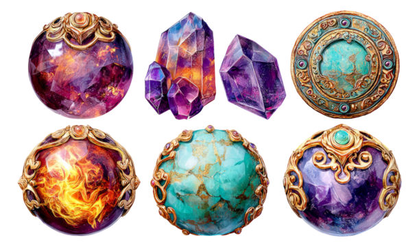 Ancient Fiery Tokens and Crystals in 3D Illustration with Intricate Carvings