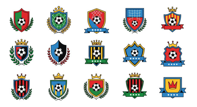 A diverse set of vector soccer club crests and football team emblems for sports league identity