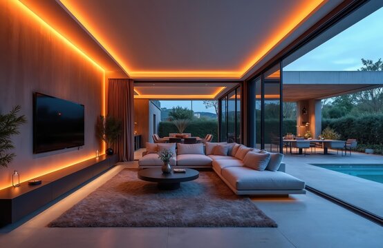 Modern living room features warm orange accent lighting throughout space. Large sectional sofa, coffee table, wall mounted TV create cozy atmosphere. Huge glass doors connect to outdoor patio, dining