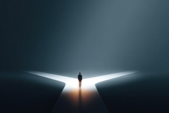 Professional man standing at illuminated crossroads contemplating two divergent paths with dramatic moody lighting and reflective pavement evoking decision and uncertainty