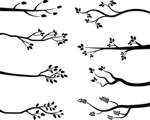 Collection of decorative tree branch silhouettes with leaves and buds, elegant natural elements for botanical designs, nature illustrations, greeting cards, and creative projects