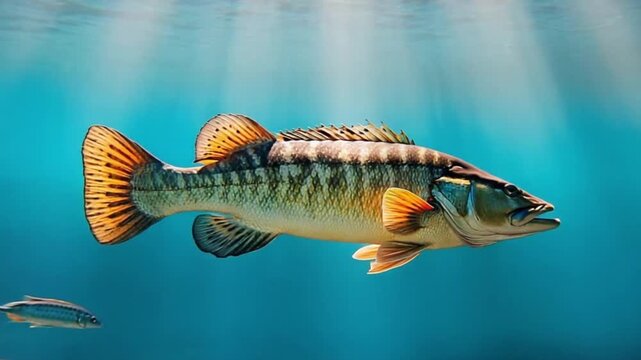 Underwater view of a largemouth bass swimming near a school of smaller fish in clear blue water fish video