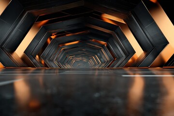Abstract Tunnel With Geometric Hexagons and Orange Illumination Reflecting on the Dark Floor