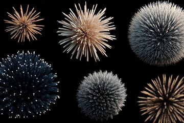 Abstract Spherical Explosions in Multiple Colors Against Black Background