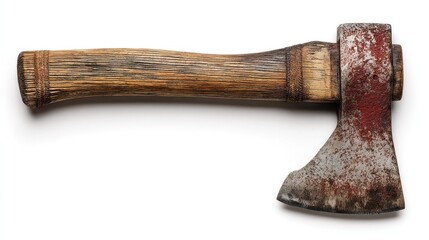 Rustic axe with worn wood handle and weathered metal blade, angled on white background