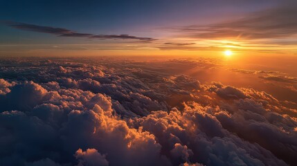 Aerial View Of Dramatic Sunset Over Cloudscape With Vibrant Orange Light Rays Shining Through Clouds And Dark Blue Sky Creating Breathtaking Scenery