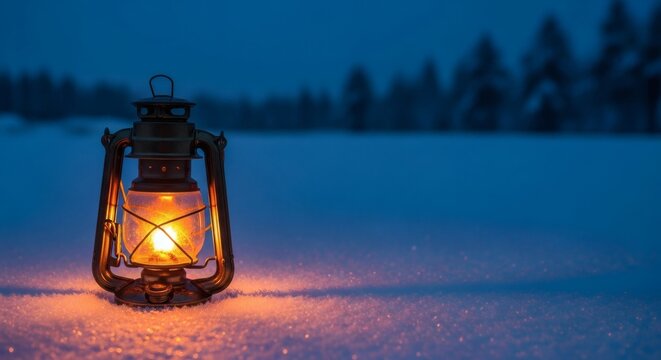 Vintage lantern glowing on snow in blue twilight.