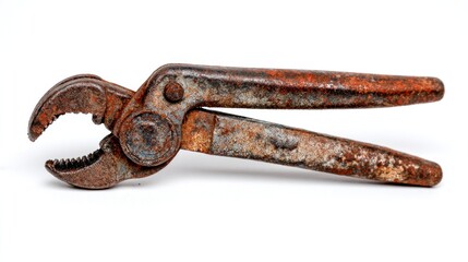 A rusty, aged pair of pliers lies on a stark white background.  The tool shows significant wear and corrosion, particularly on the handles and jaws, suggesting prolonged exposure to the elements.  