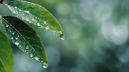 Close-up of Dew-Kissed Green Leaves Displaying Water Droplets Against Soft Blurred Background