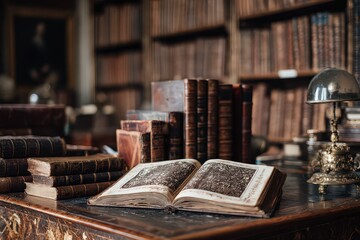 Antique Library Featuring Old Books on a Wooden Table Under Soft Light with a Silver Lamp in the Background and Vintage Interior