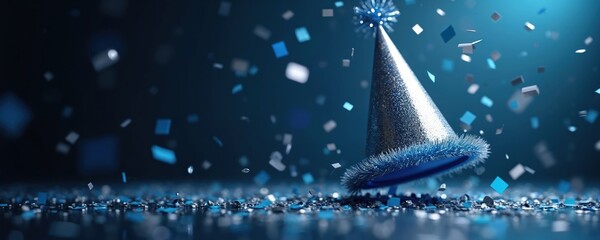 Sparkling silver party hat with blue trim sits on confetti covered surface. Blue and silver squares fall around. Festive celebration background.