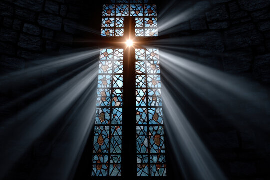 Stained glass window cross sunlight rays shining serene worship light spiritual hope sacred