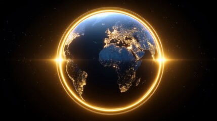 Fototapeta premium Concept of geopolitical energy crisis. A glowing representation of Earth surrounded by a radiant halo, showcasing city lights against a starry background.