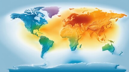 Concept of geopolitical energy crisis. A colorful, topographical world map highlighting various terrains and elevations across continents, emphasizing geographic diversity.
