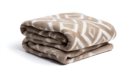 A neatly folded, light beige plush throw blanket with a subtle geometric diamond pattern, showcasing soft texture and a clean, minimalist aesthetic against a white background