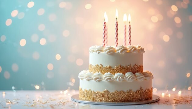 Elegant two tier birthday cake with lit candles. Cream frosting swirls adorn white layers. Gold glitter accents highlight festive dessert, ready for celebration. Soft bokeh lights background.
