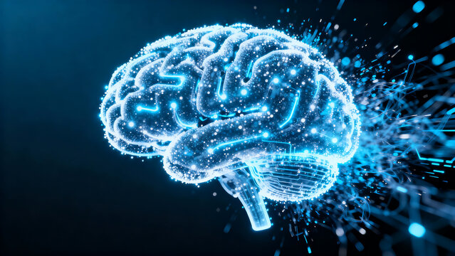 Neural Network Brain with Glowing Blue Circuitry and Sparkles - Powered by Adobe