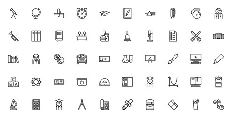 Back to School icon set. Vector illustration. Includs symbols for telescope, gobe, clock, book, pencil, chool bus, teacher, backpak, calculator and more.