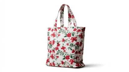 Floral tote bag with red flowers and green leaves on white background