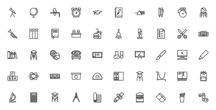 Back to School icon set. Vector illustration. Includs symbols for telescope, gobe, clock, book, pencil, chool bus, teacher, backpak, calculator and more.