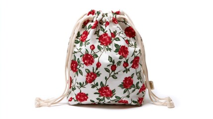 Off-white drawstring bag featuring a repeating pattern of red roses and green foliage on a cream-colored background; natural cotton drawstring closure