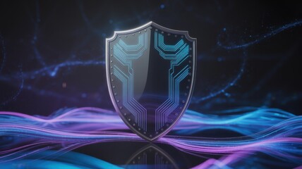 Technology of degital privacy for startup. Digital shield design with circuit patterns and flowing colors.
