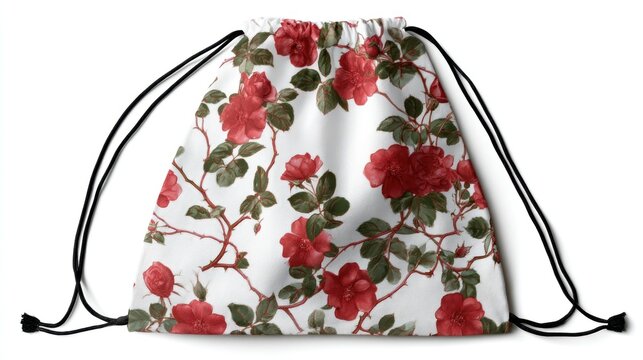 A small drawstring backpack features a repeating pattern of dark red roses and green foliage on a white background.  The bag has black cords for cinching - Powered by Adobe