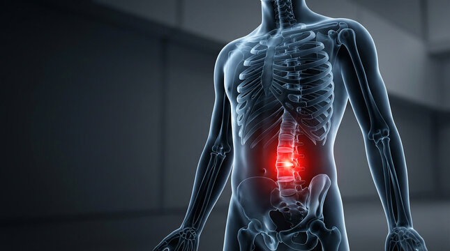 Human Spine Injury, a three-dimensional X-ray scan illustrating a painful lumbar region with a bright red glow, showing a medical condition. - Powered by Adobe