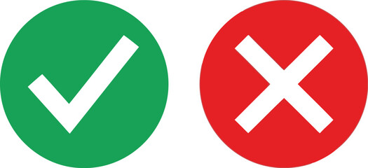 Green checkmark and red cross symbols for yes no true false correct incorrect decision making vector