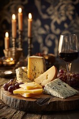 Cheese and Grape Arrangement with Wine Glass and Lit Candles on Wooden Board and Floral Wallpaper Background