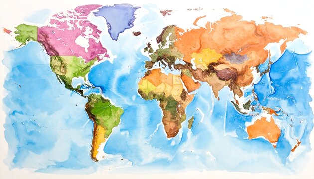 Watercolor depiction of a world map with continents colored; ocean surrounds