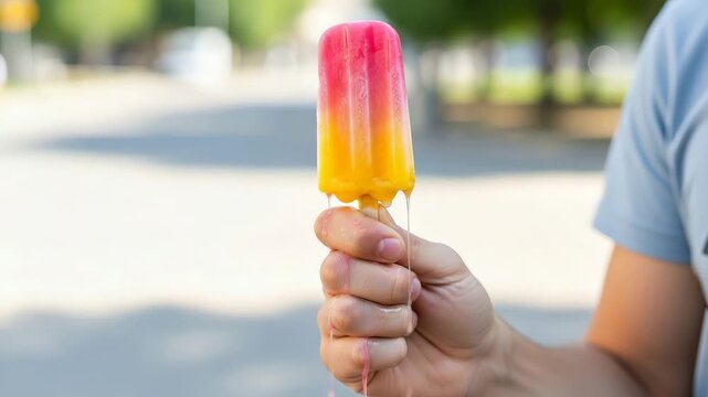 Close-up of a hand holding a melting colorful popsicle on a hot summer day. Fruit ice cream dripping on fingers outdoors. Summer heatwave concept