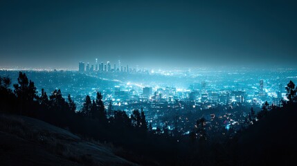 City Lights At Night Under Blue Sky Landscape View From Hillside