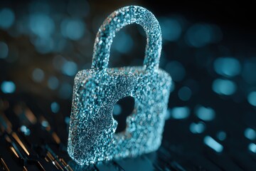 Digital Padlock Illuminated With Blue Particles on Dark Background Representing Cyber Security