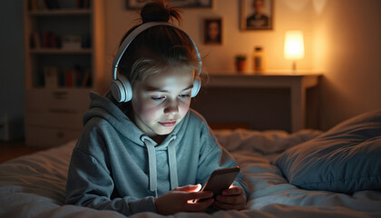 Young girl with headphones on bed uses smartphone in dim bedroom. Teenager enjoys music or game on mobile device. Casual home lifestyle scene after dark with warm lamp light.