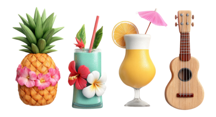 Tropical Illustration of Refreshing Drinks, Pineapple, Flowers, and a Ukulele