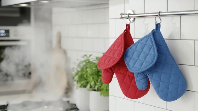 Red and blue oven mitts hanging on a rack in a modern kitchen. Steam rising from a pot on the stove in the background. Home cooking and safety concept